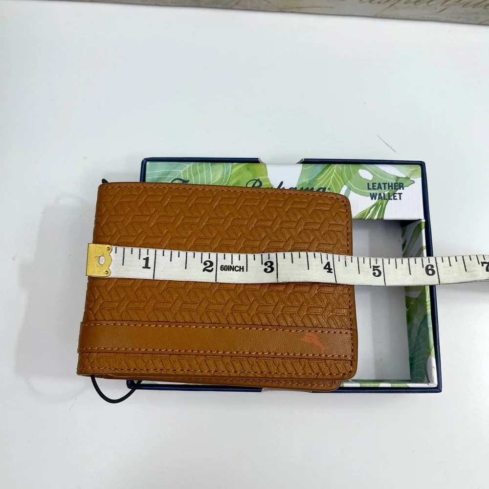 Tommy Bahama Mens Tan Leather Geometric Embossed BiFold Wallet‎ With Box